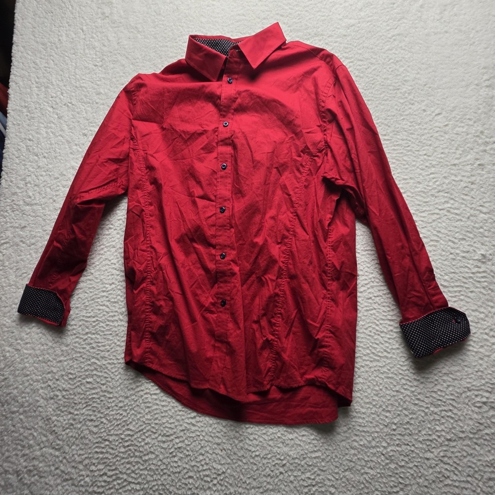 Alex Vando Dress Shirt Mens L Red Solid Stretch Contrast Cuff Long Sleeve Woven